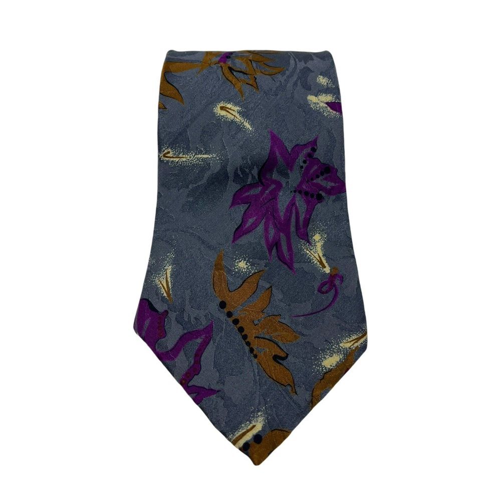 Men's Necktie Cezani Silk L56" W3.75" Multicolor‎ Leaves 90s Style Blue Tie